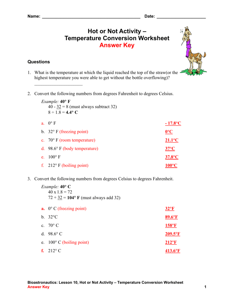 Temperature Conversion Worksheet Answers In Temperature Conversion Worksheet Answers