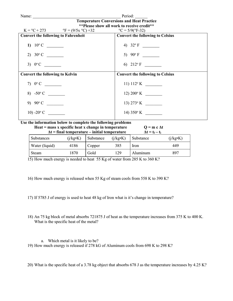 Temperature Conversion Worksheet For Temperature Conversion Worksheet