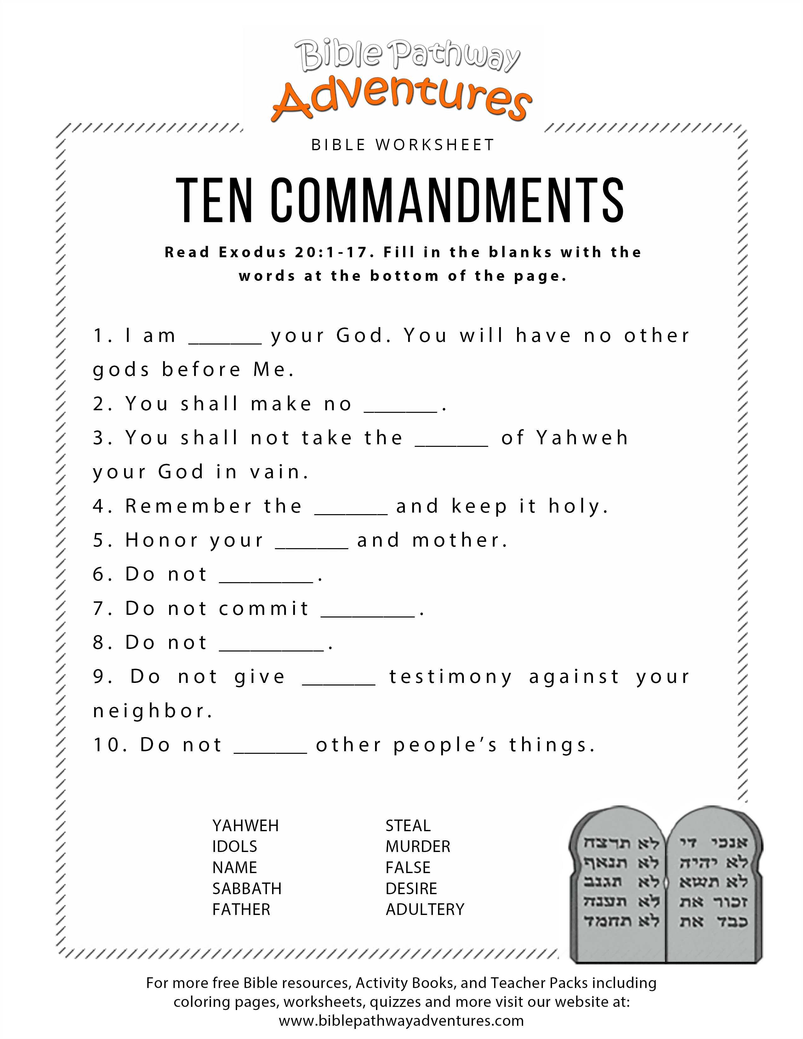 Ten Commandments Worksheet – Bible Pathway Adventures With Regard To Bible Worksheets For Adults