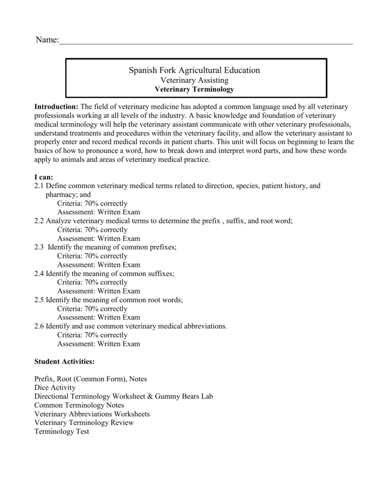 Terminology Packet  Spanish Fork Ag Education And Ffa Chapter Pertaining To Medical Terminology Abbreviations Worksheet