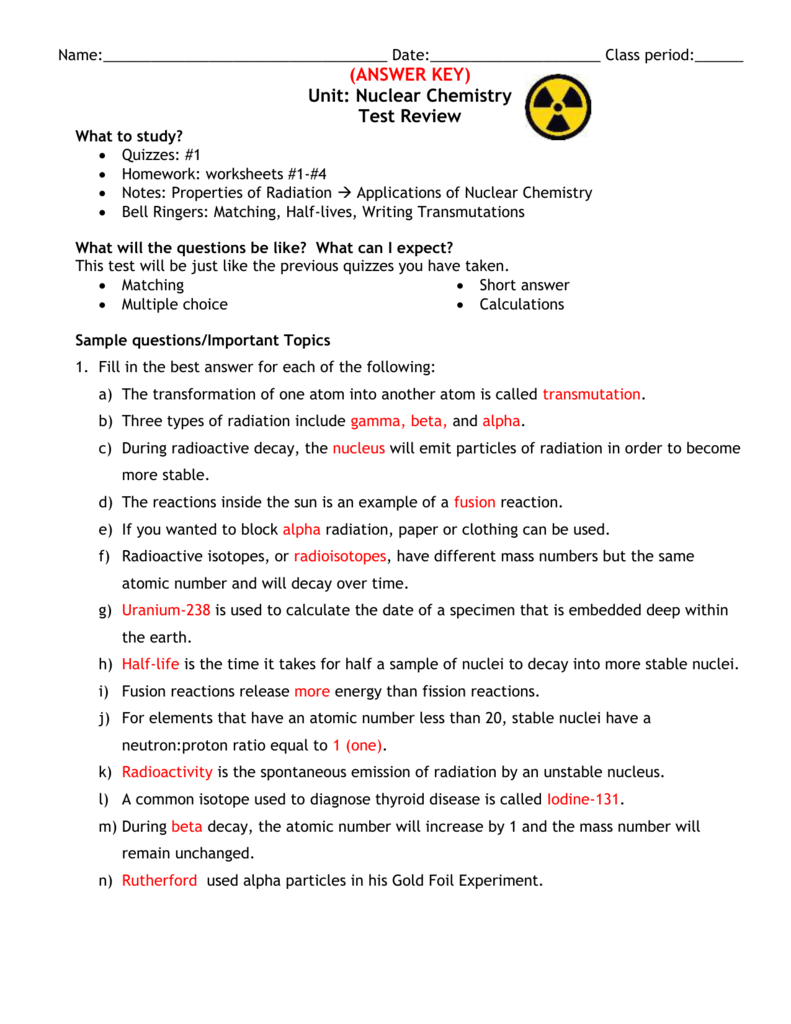 Test Review Answers Along With Nuclear Chemistry Worksheet Answer Key