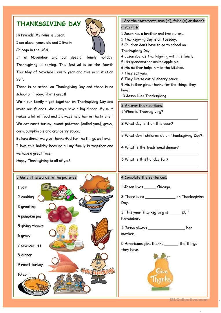 Thanksgiving Day Worksheet  Free Esl Printable Worksheets Made Pertaining To Free Thanksgiving Worksheets For Reading Comprehension