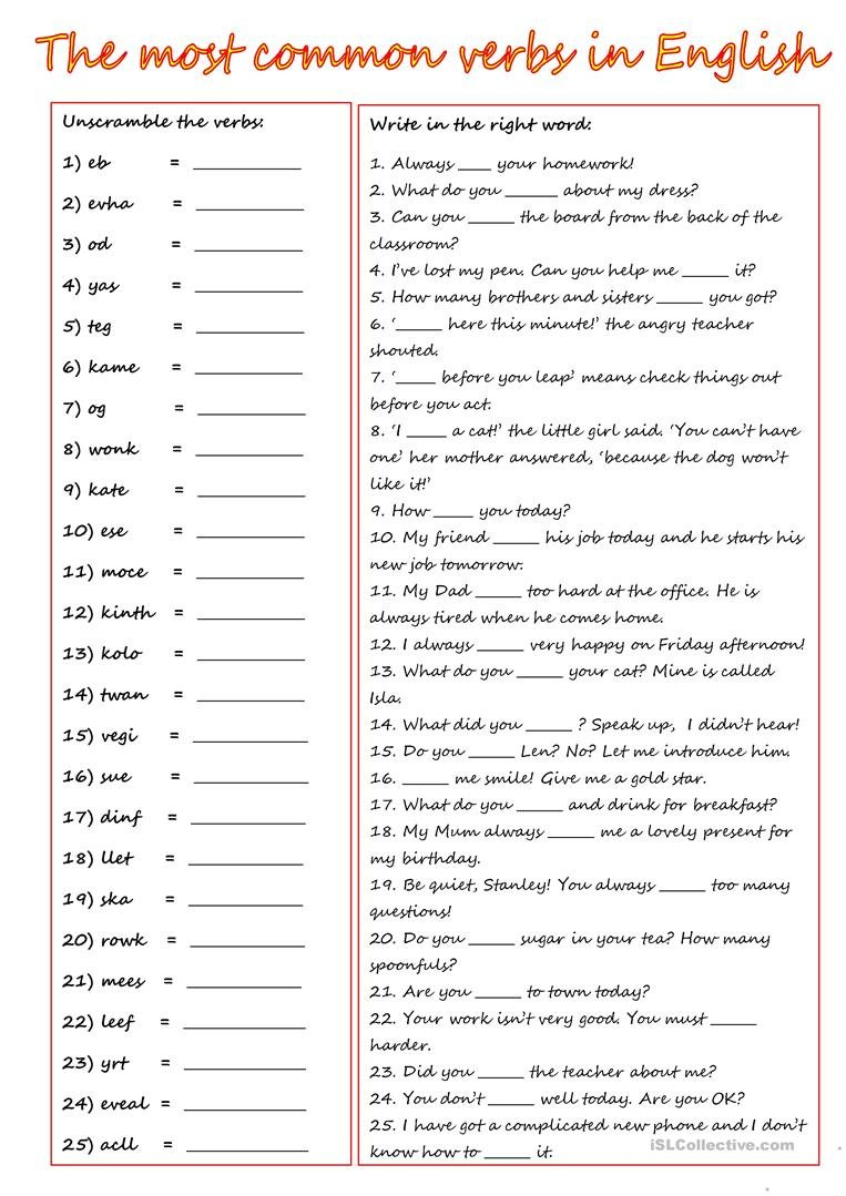 The 25 Most Common Verbs In English Worksheet  Free Esl Printable Pertaining To Esl English Worksheets