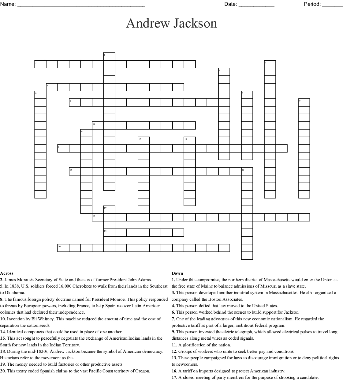 The Age Of Jackson Crossword  Wordmint In The Age Of Jackson Section 3 Worksheet Answers