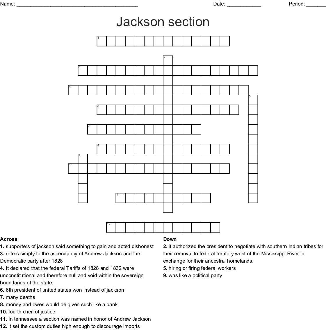 The Age Of Jackson Crossword  Wordmint Regarding The Age Of Jackson Section 3 Worksheet Answers