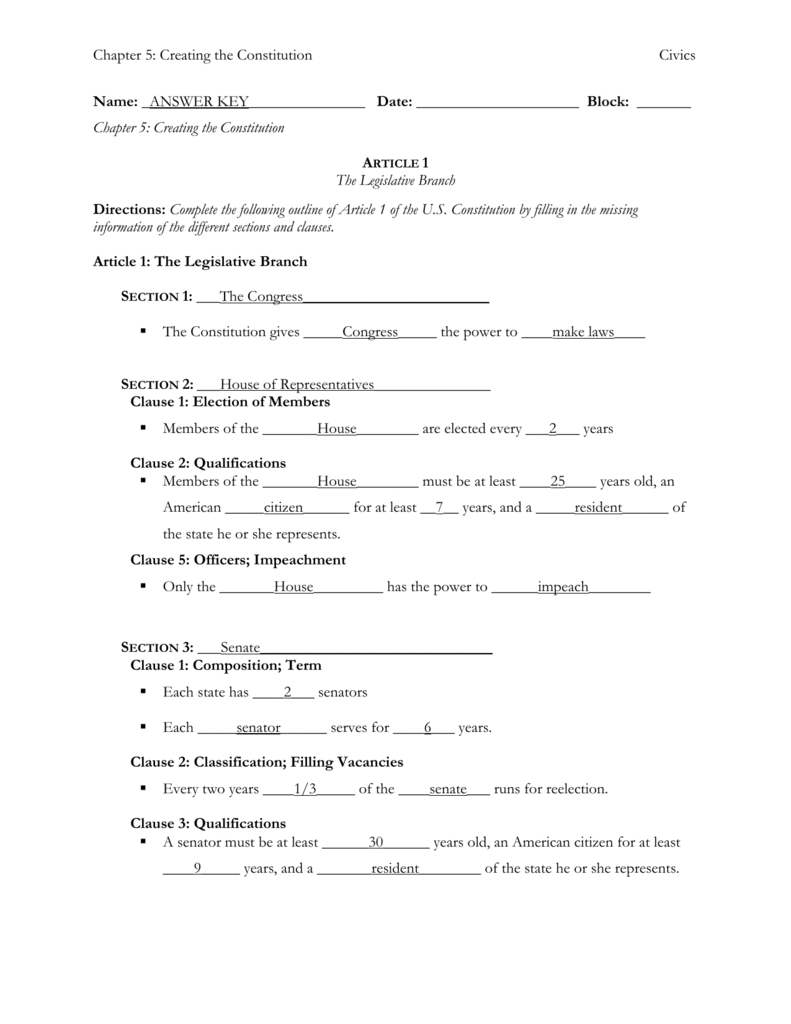 The Articles Of The Constitution Worksheets Answer Key Or Citizenship And The Constitution Worksheet Answers
