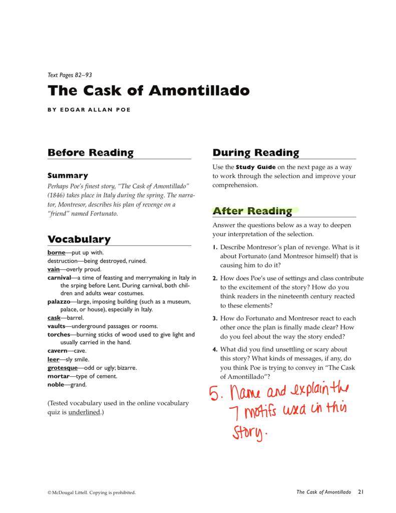 The Cask Of Amontillado Together With The Cask Of Amontillado Worksheet Answers