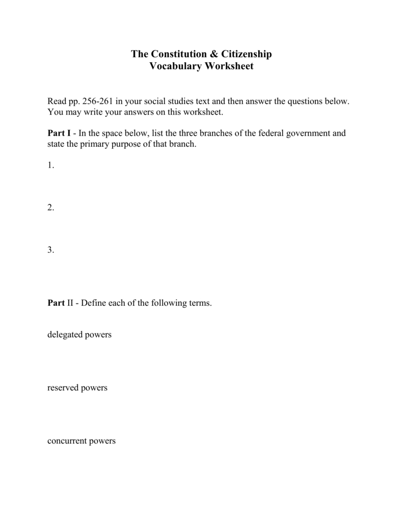 The Constitution  Citizenship Vocabulary Worksheet For Citizenship And The Constitution Worksheet Answers