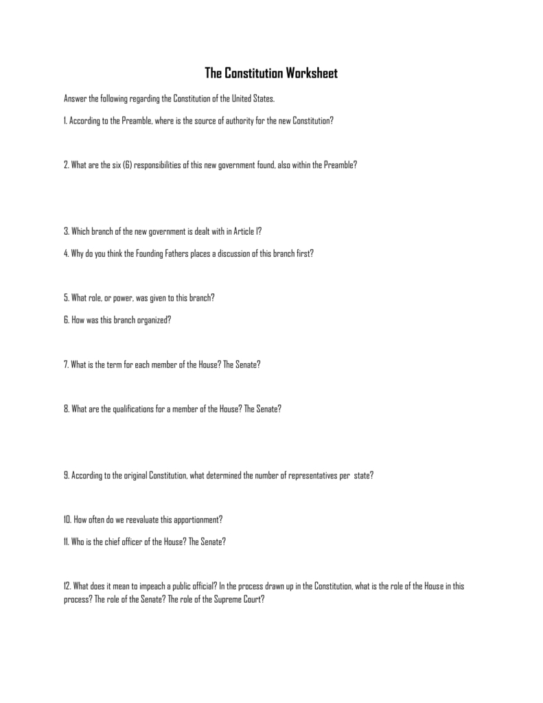 The Constitution Worksheet For Constitution Worksheet Answers