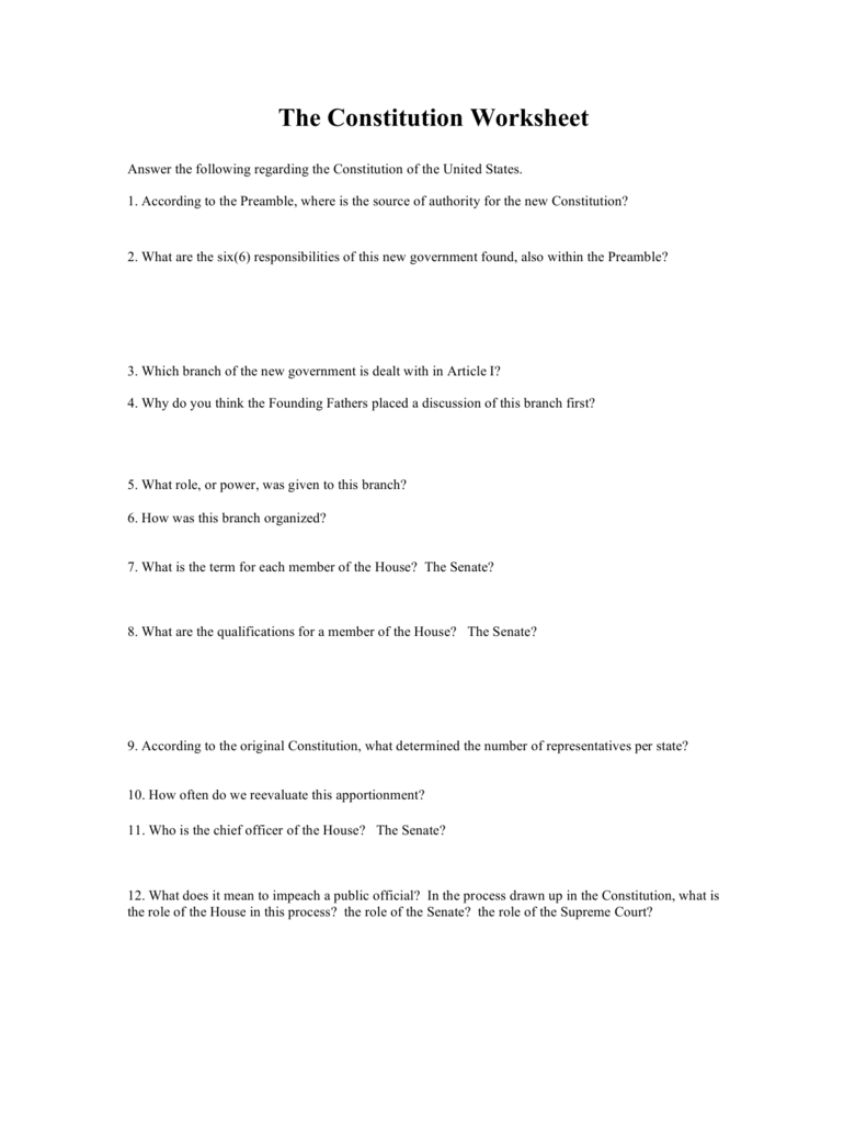 The Constitution Worksheet With The Constitution Worksheet Answers