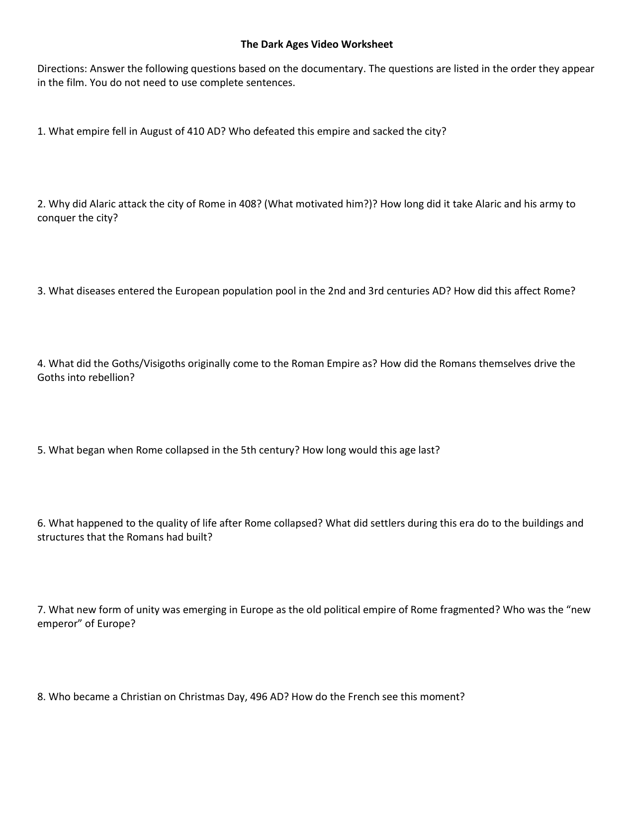 The Dark Ages Video Worksheet Directions Answer The Following Regarding The Dark Ages Video Worksheet