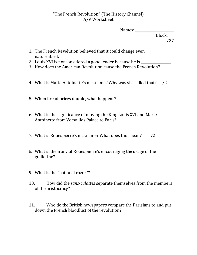 The French Revolution History Channel Pertaining To History Channel French Revolution Worksheet Answers