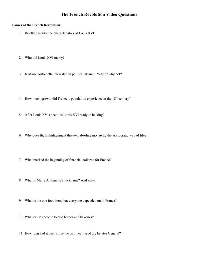 The French Revolution Video Questions Throughout The French Revolution History Channel Worksheet