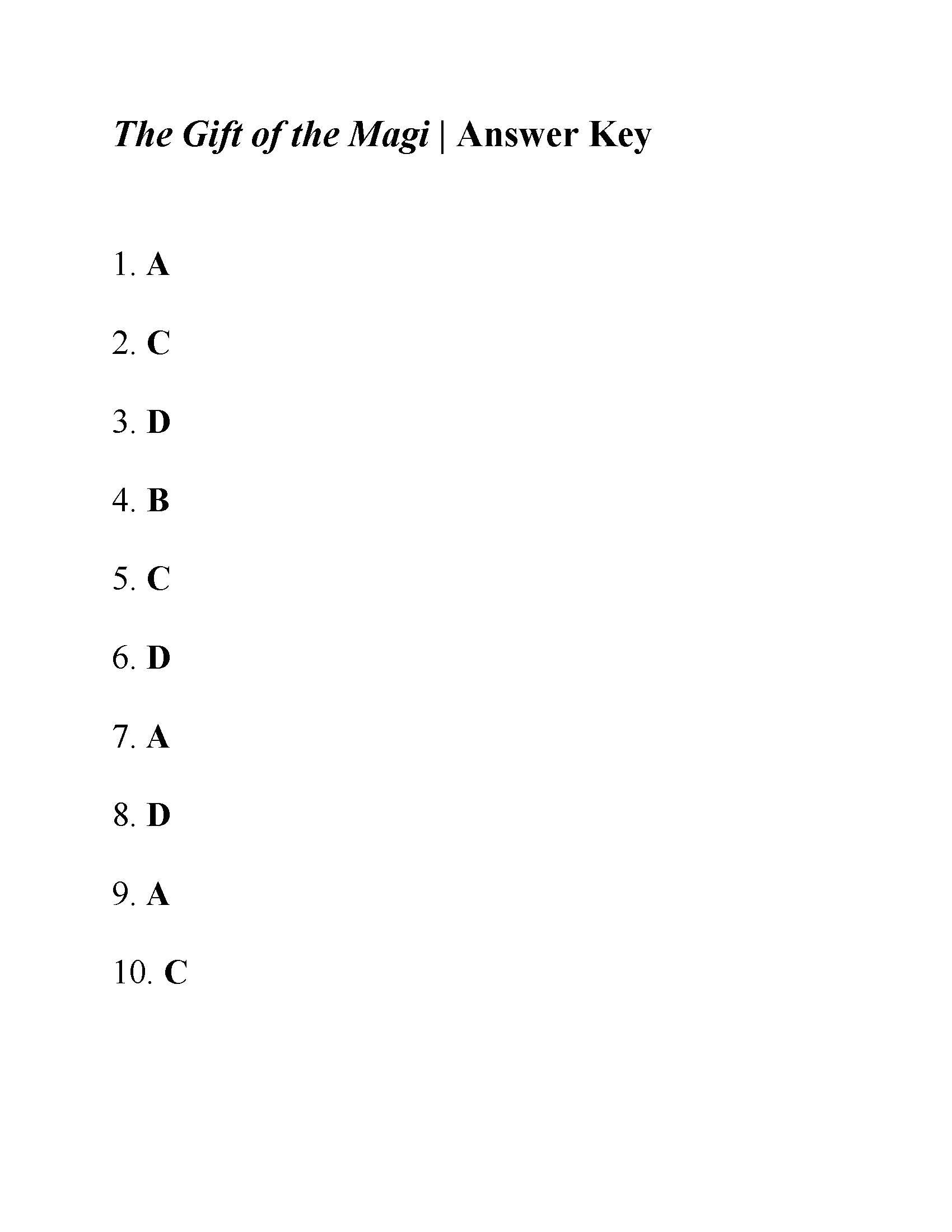 The Gift Of The Magi  Answers Intended For The Gift Of The Magi Worksheet Answer