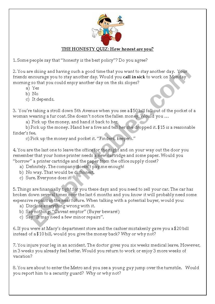 The Honesty Quiz  Esl Worksheetbrosell With Honesty Worksheets Pdf