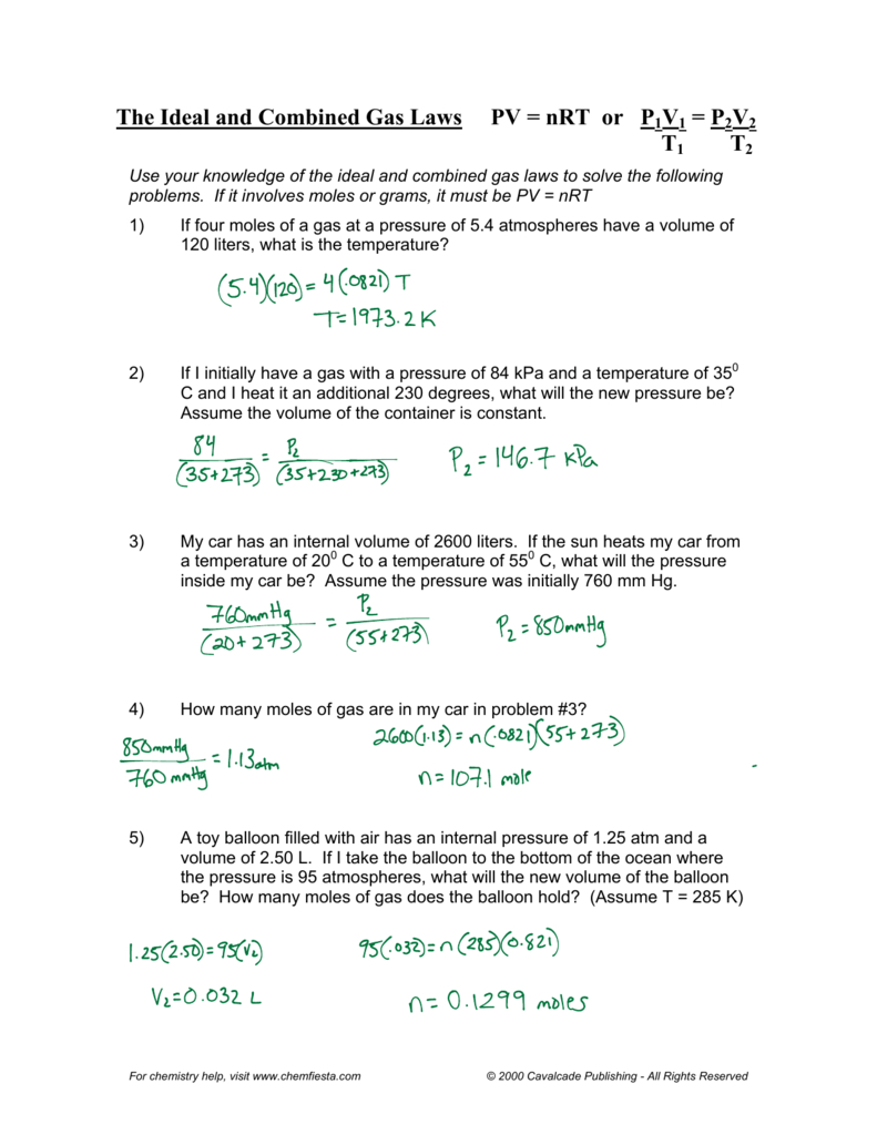 The Ideal And Combined Gas Laws Pv  Nrt Or P1V1 Intended For Combined Gas Law Problems Worksheet Answers