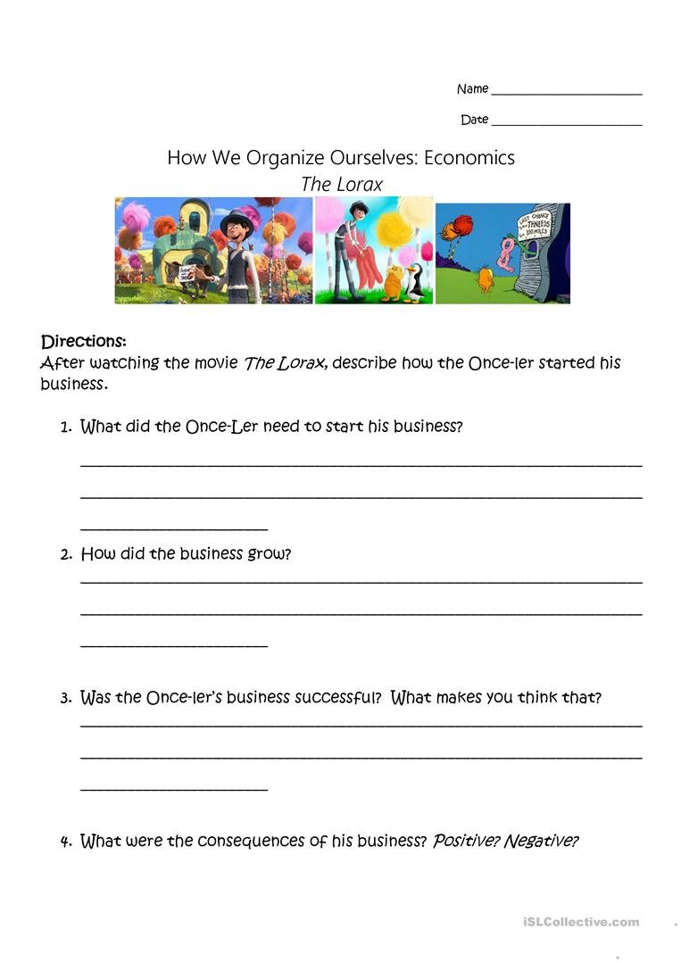 The Lorax  Economic Study Worksheet  Free Esl Printable Worksheets Throughout Free Printable Economics Worksheets