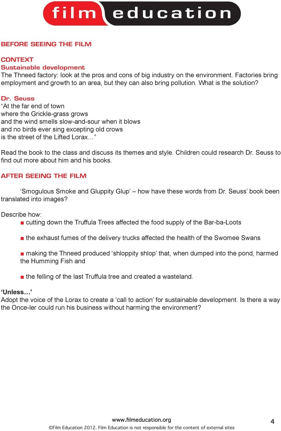 The Lorax Suitable For Primary Literacy Science Geography For The Lorax And Sustainable Development Worksheet Answer Key