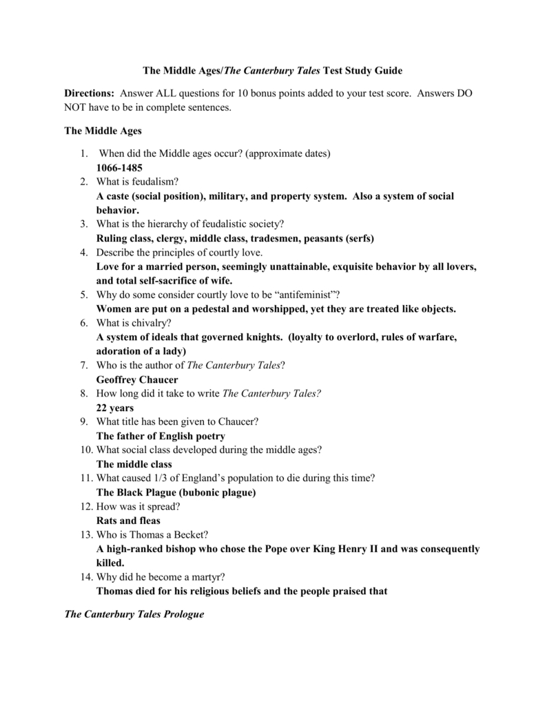 The Middle Agesthe Canterbury Tales Test Study Guide Directions Pertaining To Canterbury Tales Prologue Worksheet Answers