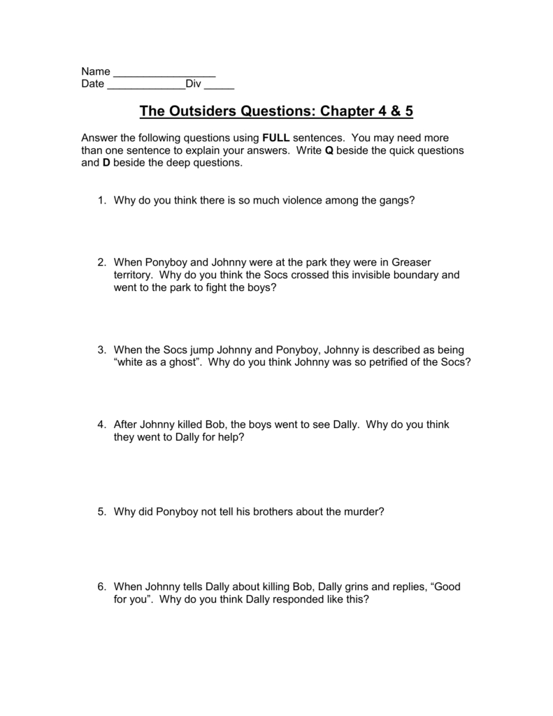 The Outsiders Chapter 4  5 Questions Inside The Outsiders Movie Worksheet