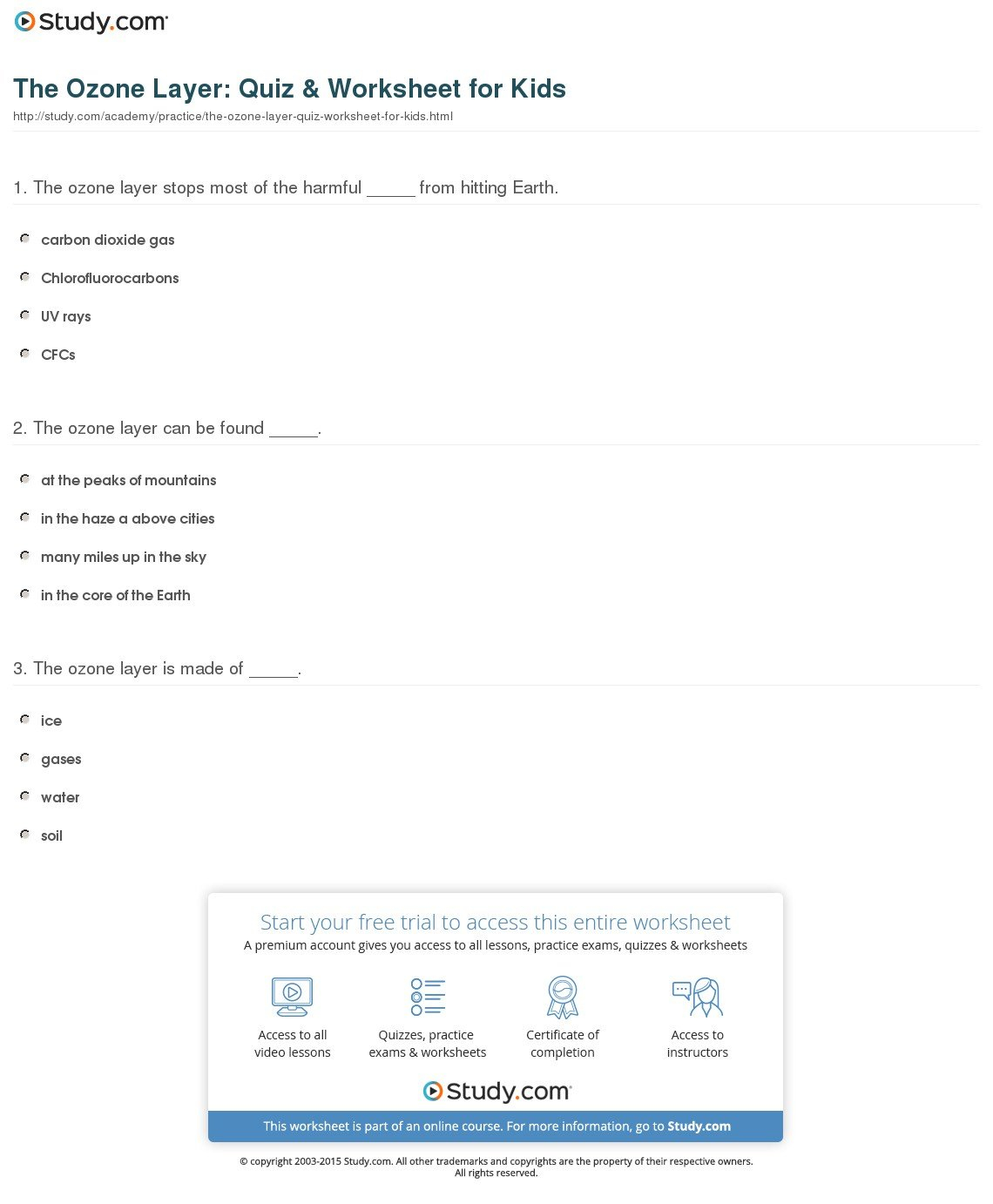 The Ozone Layer Quiz  Worksheet For Kids  Study With The Facts About Ozone Worksheet Answers