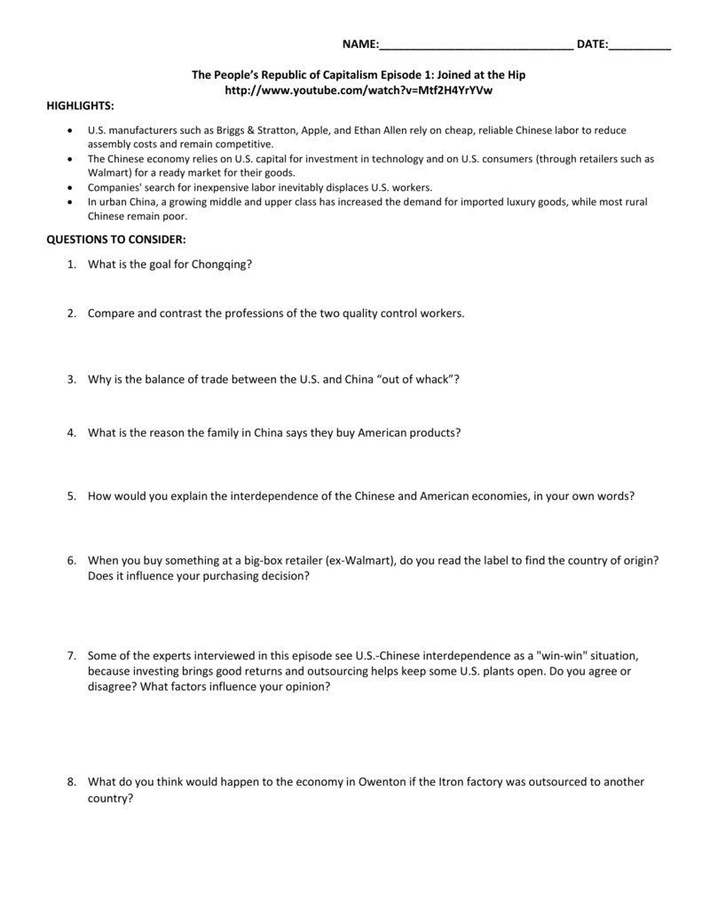 The Peoples Republic Of Capitalism Video Viewing Guide For Constitution Usa Episode 1 Worksheet Answers