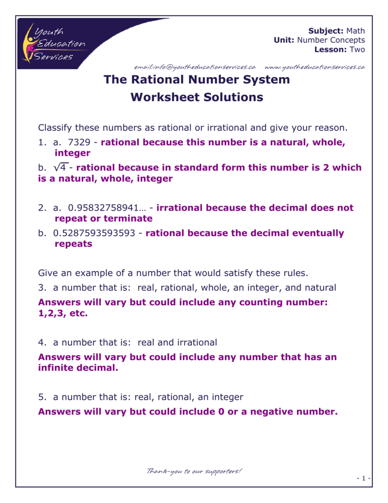 The Rational Number System Worksheet Solutions Inside Rational Numbers Worksheet