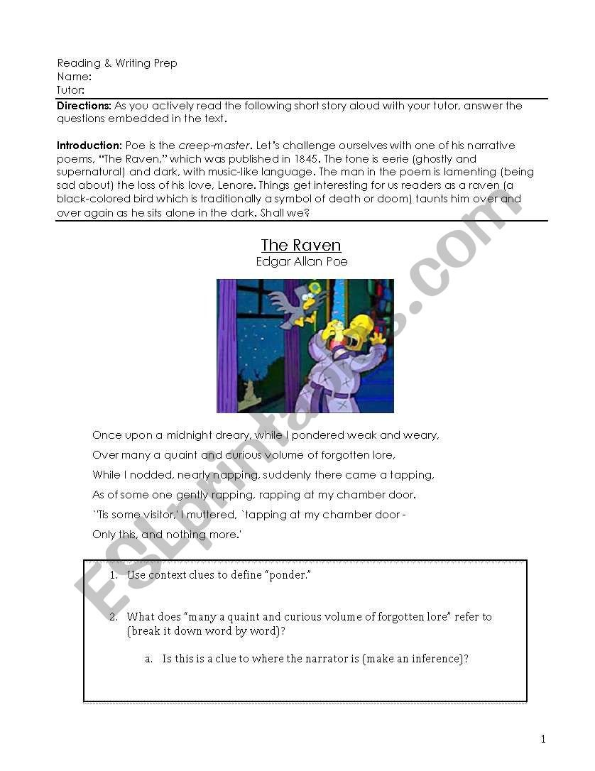 The Raven" Guided Reading Packet  Esl Worksheetdivitog Within The Raven Worksheets For Middle School