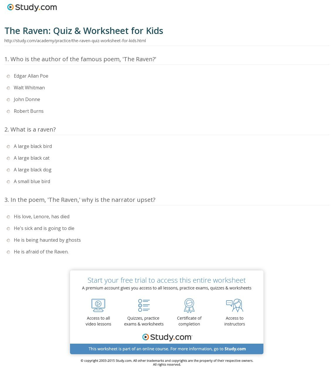 The Raven Quiz  Worksheet For Kids  Study Throughout The Raven Worksheets For Middle School