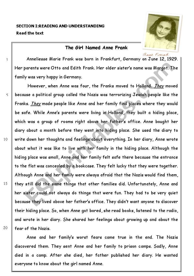 The Story Of Anne Frank Reading Comprehension  Esl Worksheet Along With Diary Of Anne Frank Worksheets Free