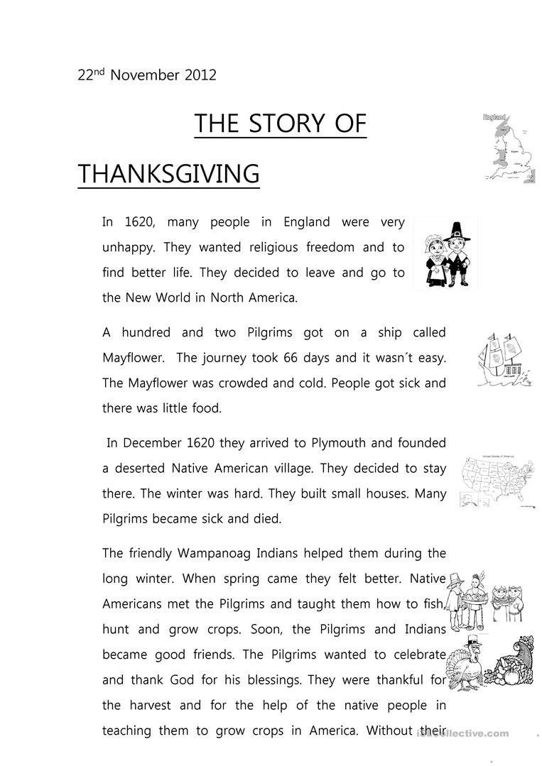 The Story Of Thanksgiving Worksheet  Free Esl Printable Worksheets Regarding Free Thanksgiving Worksheets For Reading Comprehension