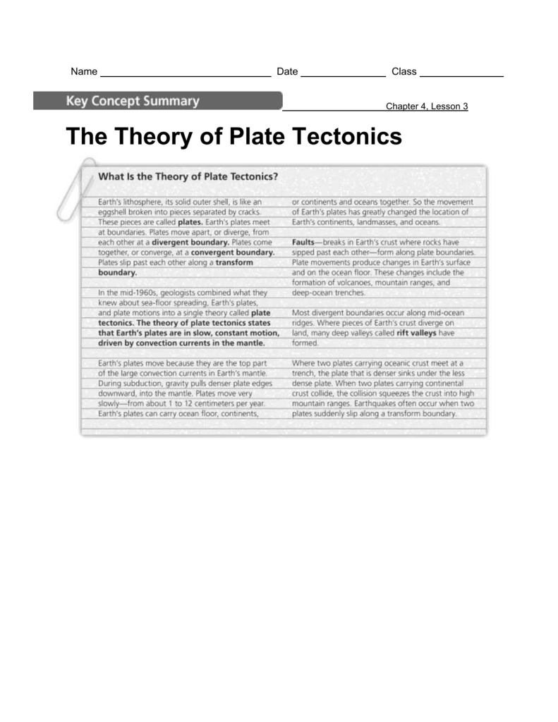 The Theory Of Plate Tectonics C4L3 Key Concept Review Reinforce Also The Theory Of Plate Tectonics Worksheet