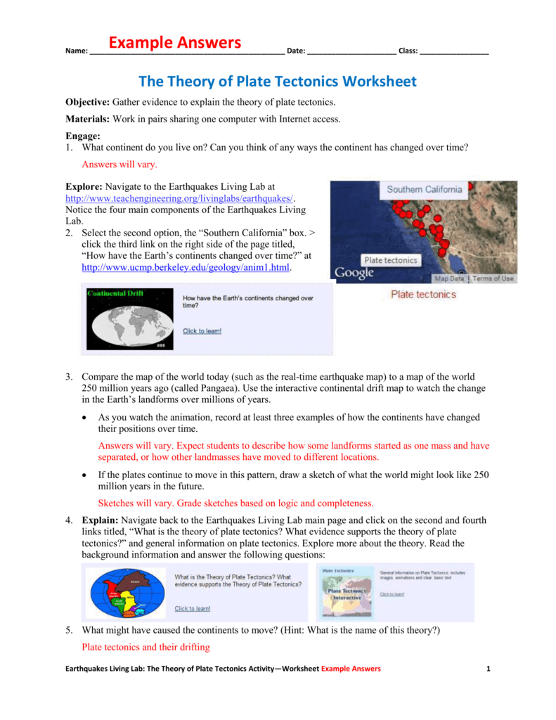 The Theory Of Plate Tectonics Worksheet Example Answers Inside Plate Tectonics Worksheet