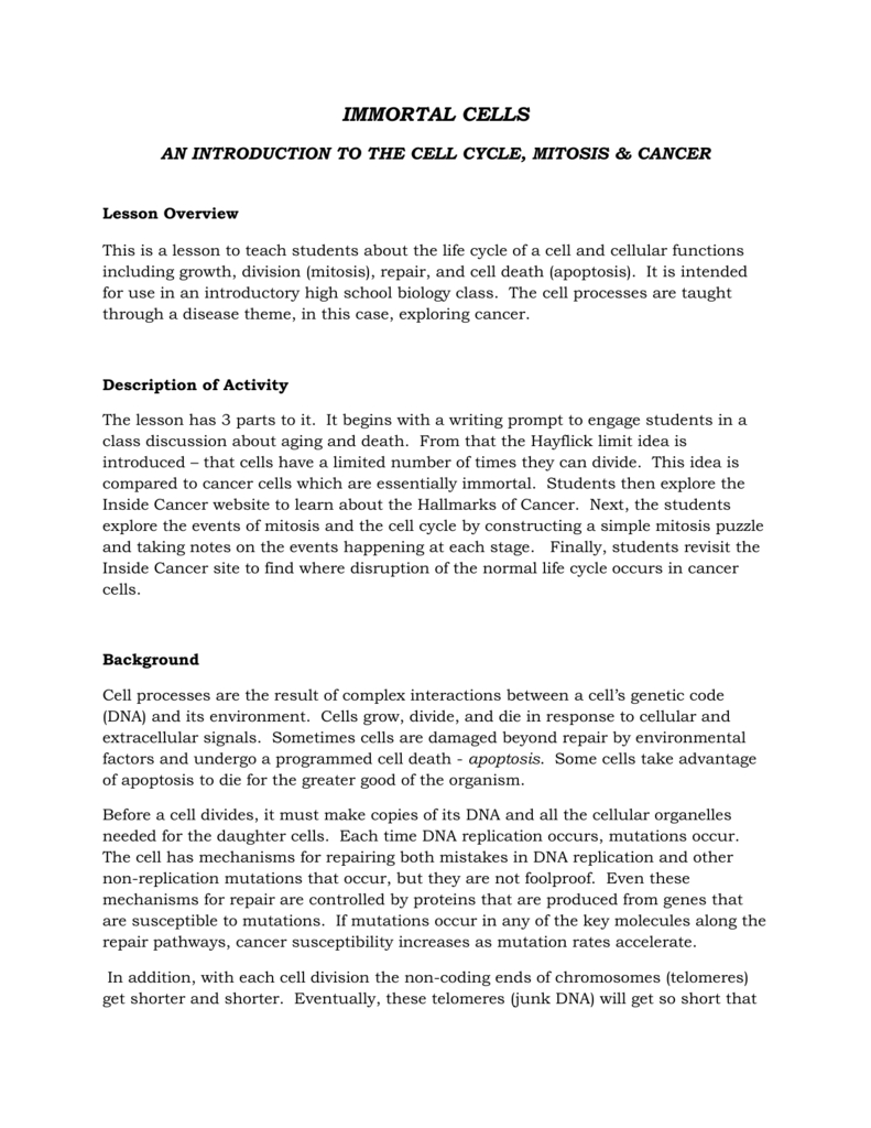 Thecellcylceandhallmarksofcancer Intended For Immortal Cancer Cells Worksheet Answers