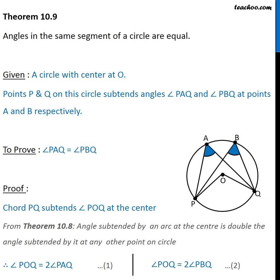 Theorem 109  Class 9  Angles In Same Segment Of A Circle Are Equal Throughout Segments In Circles Worksheet Answers