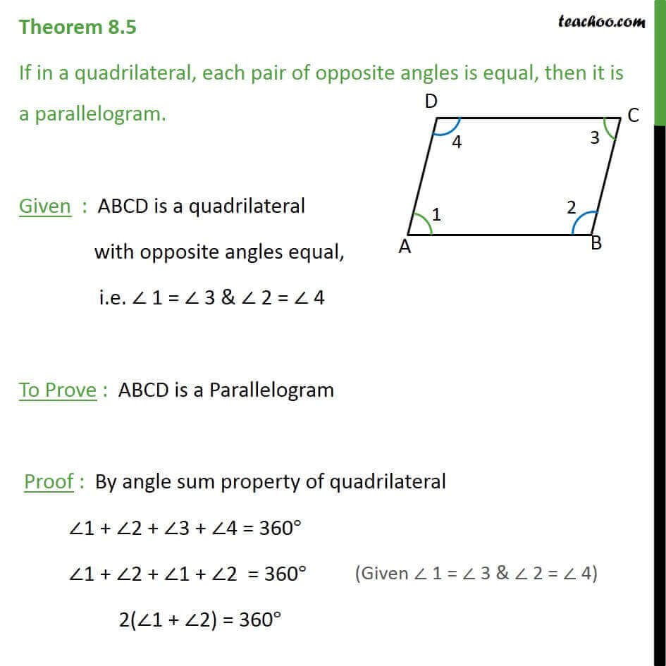 Theorem 85  Class 9  If Both Pair Of Opposite Angles Are Equal Within Proving Parallel Lines Worksheet With Answers