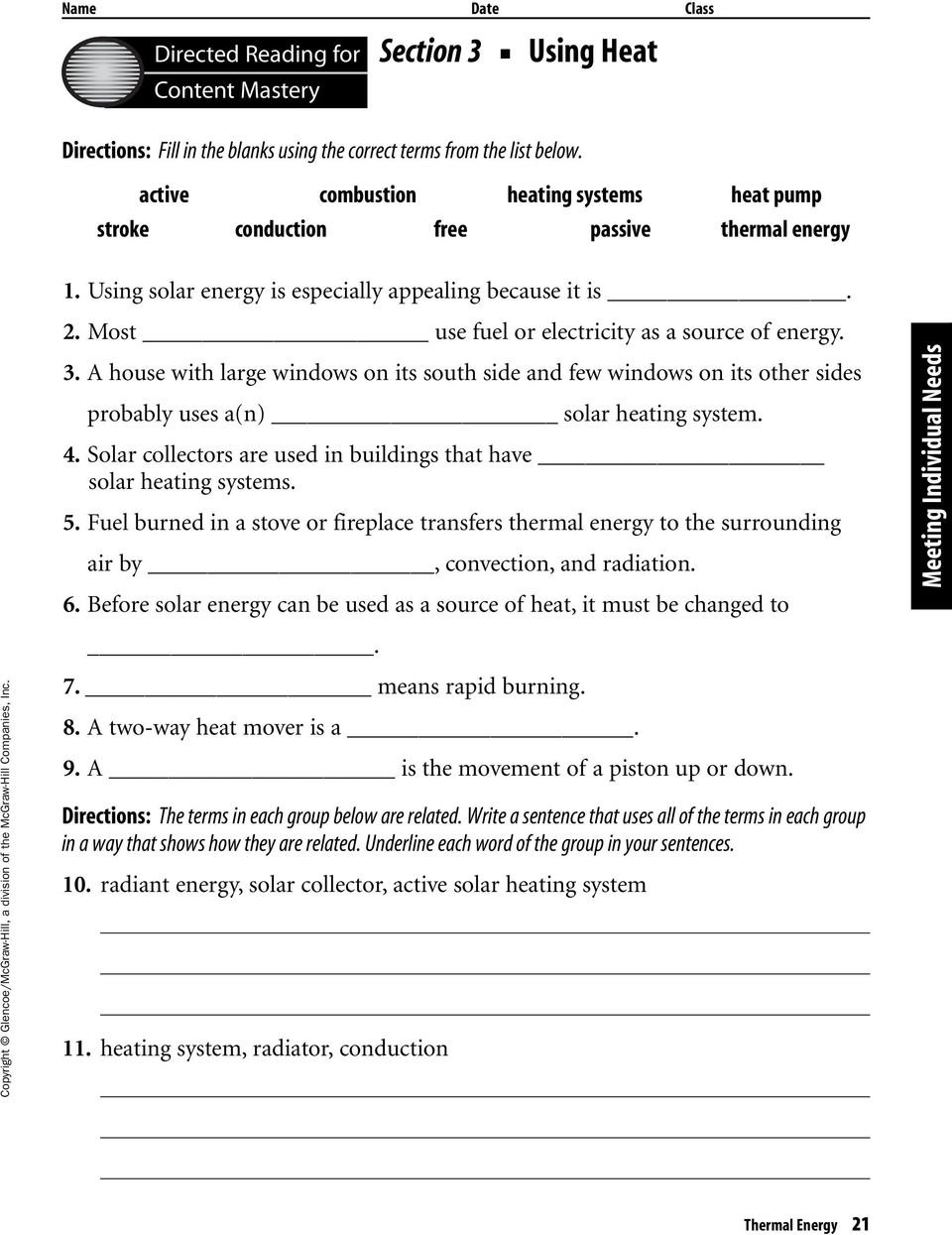 Thermal Energy Chapter Resources Includes Glencoe Science Intended For Section 3 Using Heat Worksheet Answers