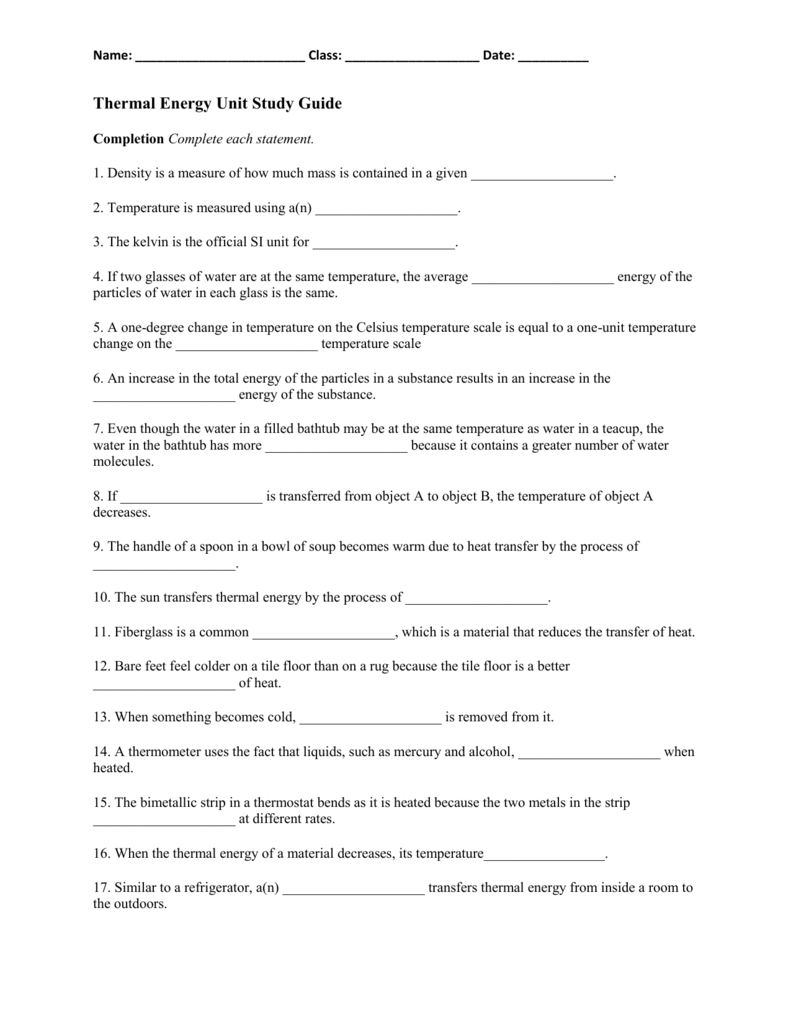 Thermal Energy Unit Study Guide In Thermal Energy Note Taking Worksheet Answers