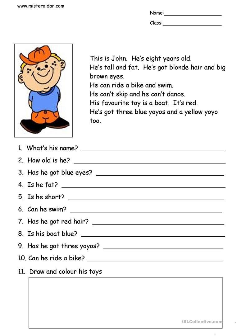This Is John  Simple Reading Comprehension Worksheet  Free Esl Pertaining To Esl Reading Comprehension Worksheets For Adults