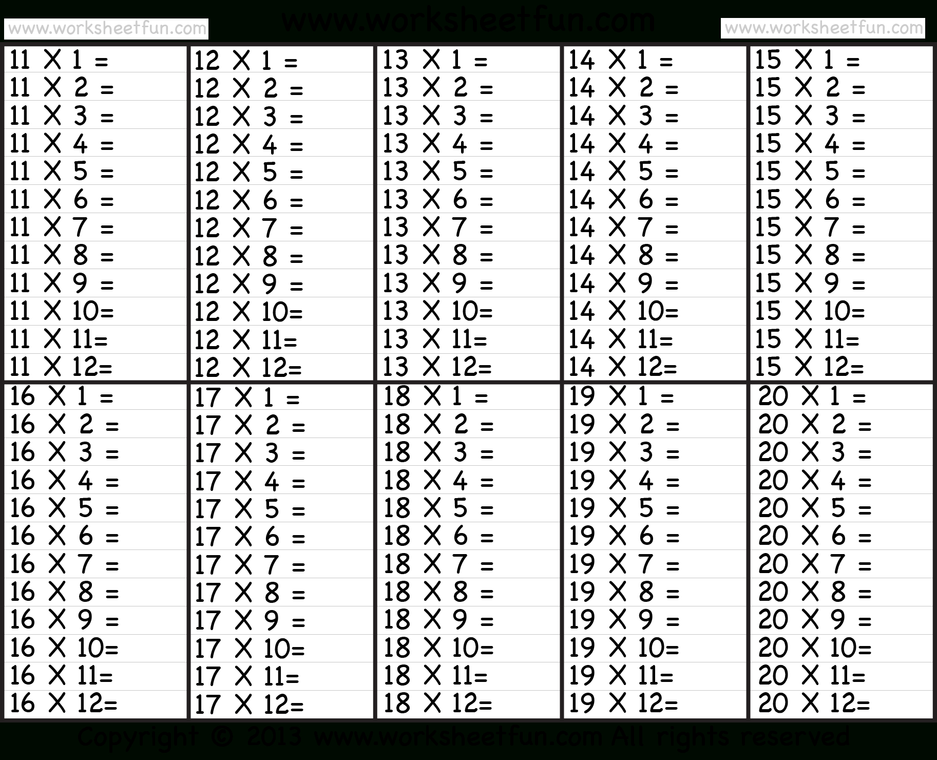 Times Table – 212 Worksheets – 1 2 3 4 5 6 7 8 9 10 11 Within Times Tables Worksheets 1 12 Pdf
