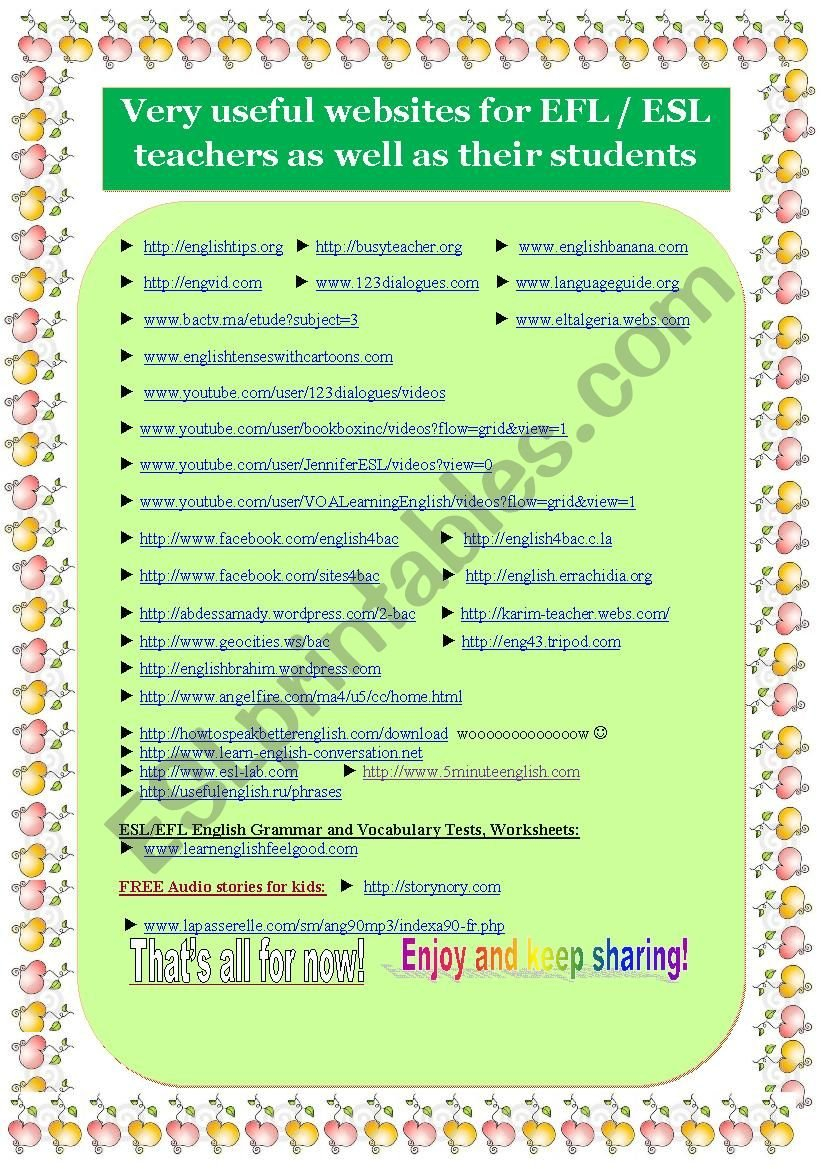 Timesaver 1  Useful Websites For Efl Esl Teachers As Well As With Teachers Websites For Worksheets