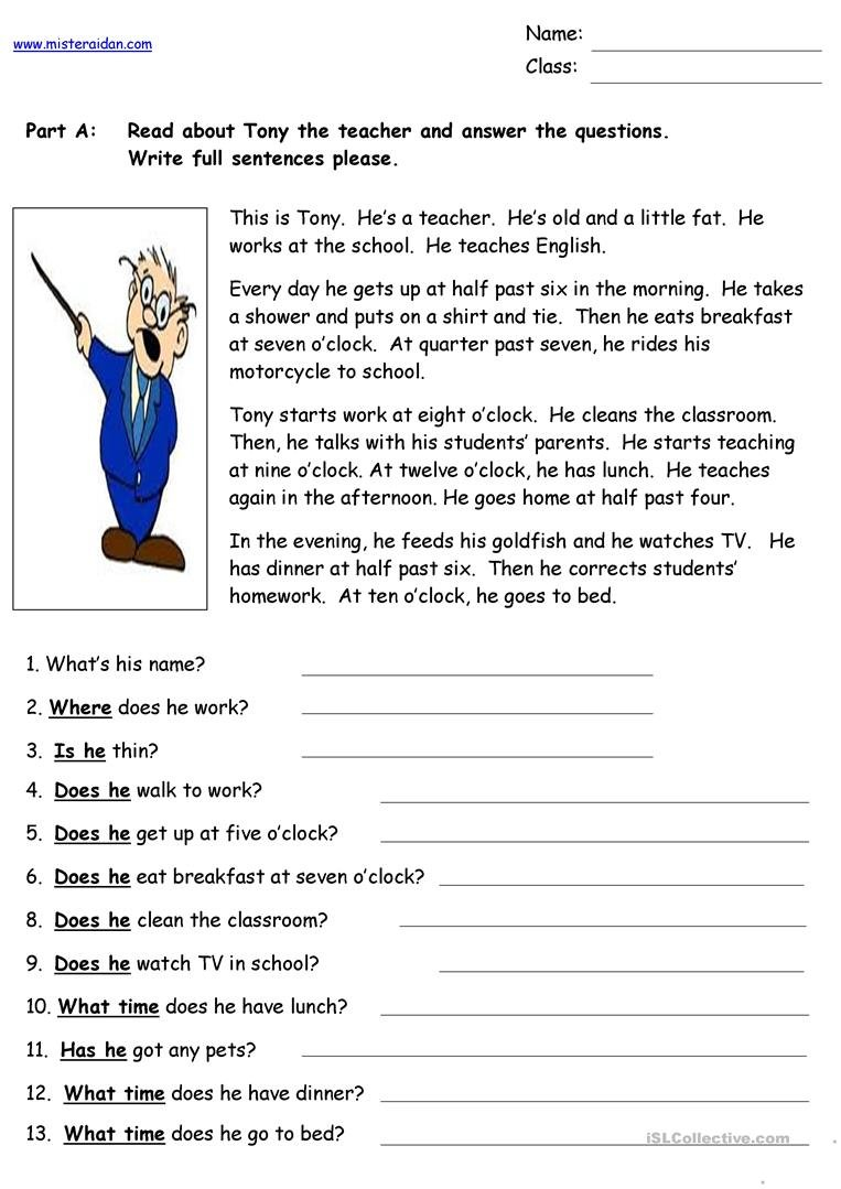 Tony The Teacher  Reading Comprehension Worksheet  Free Esl Pertaining To Teacher Made Worksheets