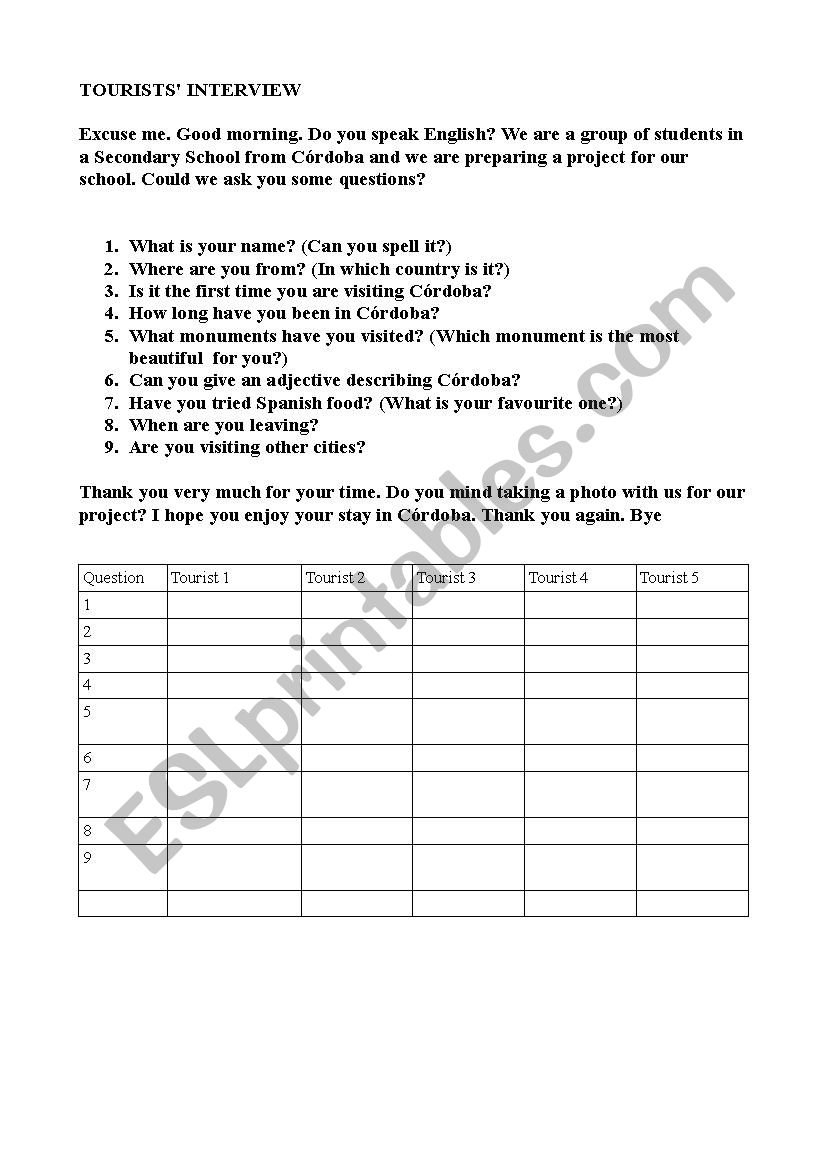 Tourist Interview  Esl Worksheetireneprofe And Interview Worksheet For Students