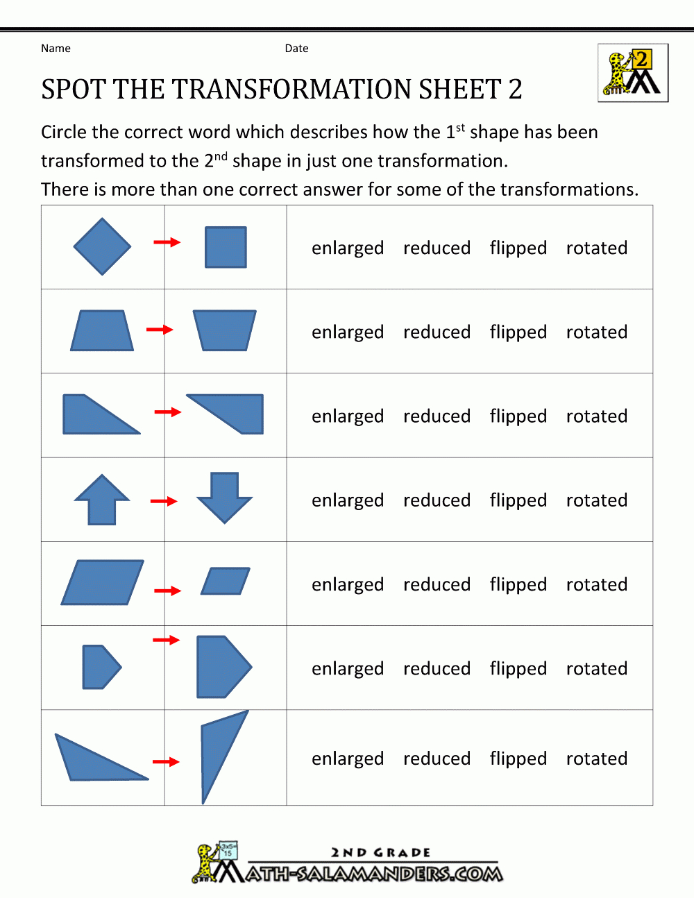 Transformation Geometry Worksheets 2Nd Grade Within Translations Of Shapes Worksheet Answers