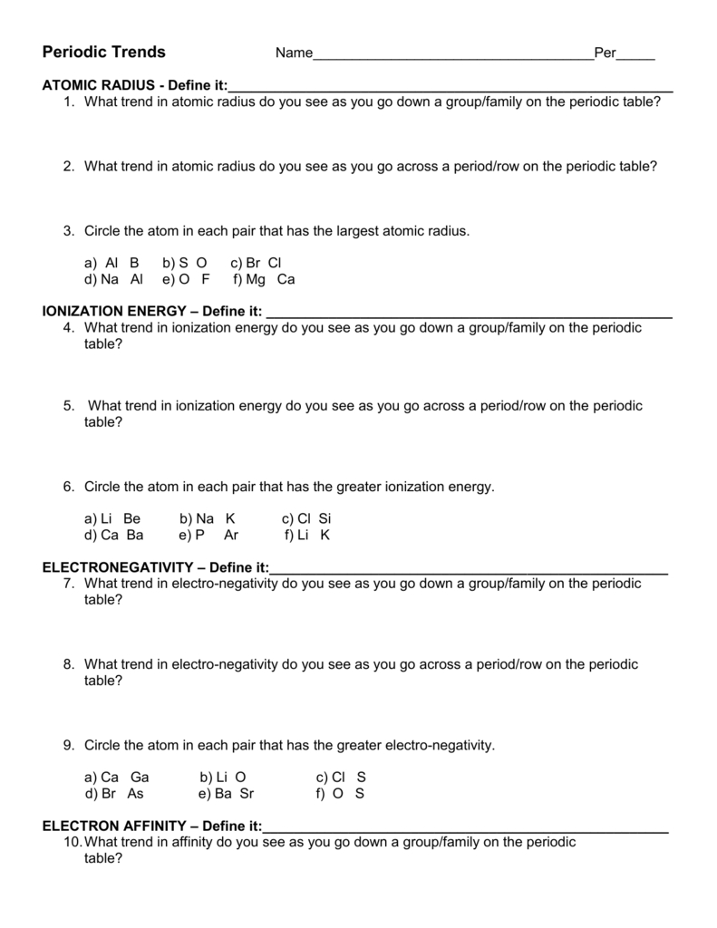 Trends Of The Periodic Table Worksheet As Well As Periodic Table Worksheet Chemistry