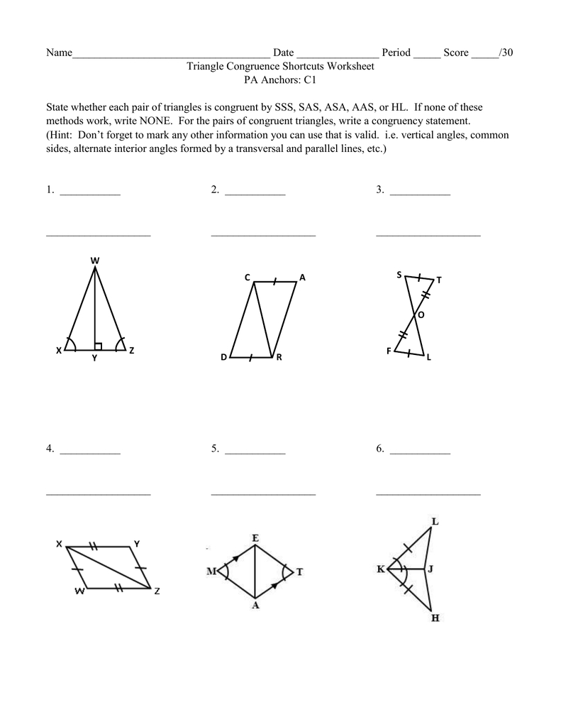 Triangle Congruence Shortcuts Worksheet Inside Triangle Congruence Worksheet