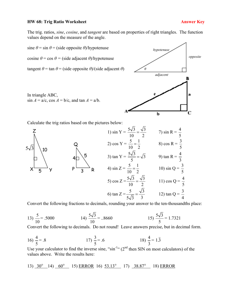 Trig Ratio Worksheet Answer Key The Trig Ratios Sine Cosine And Intended For Trigonometry Worksheets With Answers