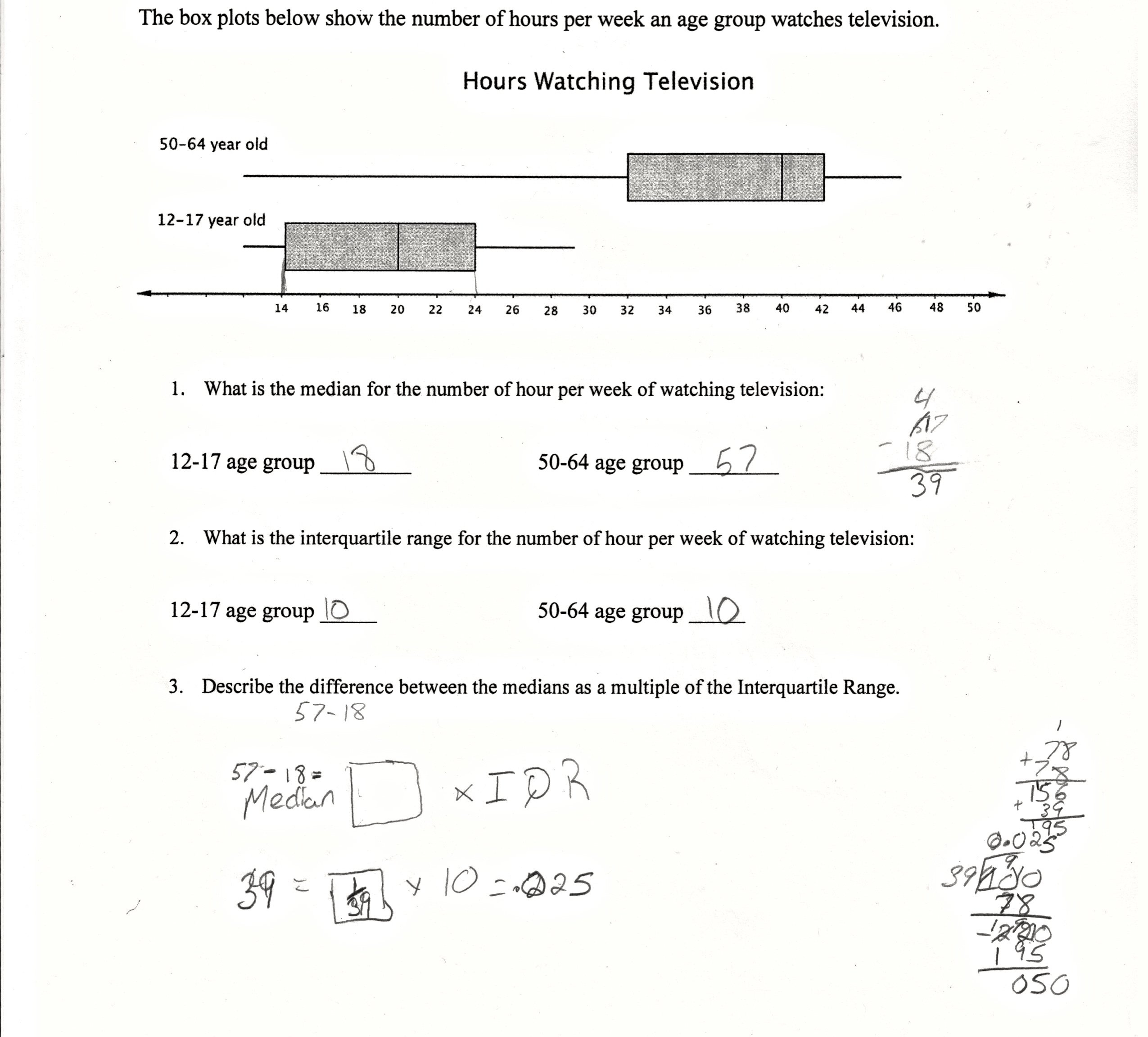 Tv Ages  2 Students Are Asked To Informally Determine The Degree Of Also Interquartile Range Worksheet