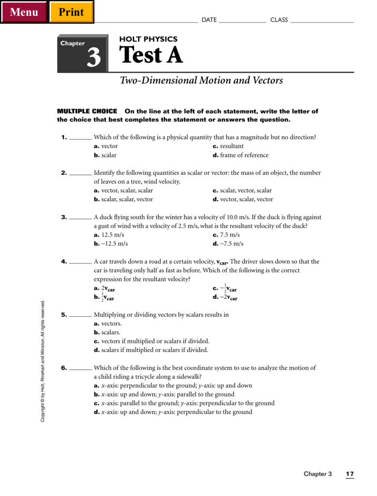 Twodimensional Motion And Vectors Test A Or Two Dimensional Motion And Vectors Worksheet Answers