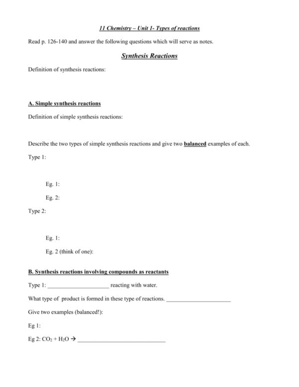 chemistry synthesis reaction worksheet